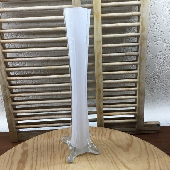 Glass Eiffel Tower Vase 12" White Encased with Clear 1" Opening and 2.75 in Base - Picture 1 of 7